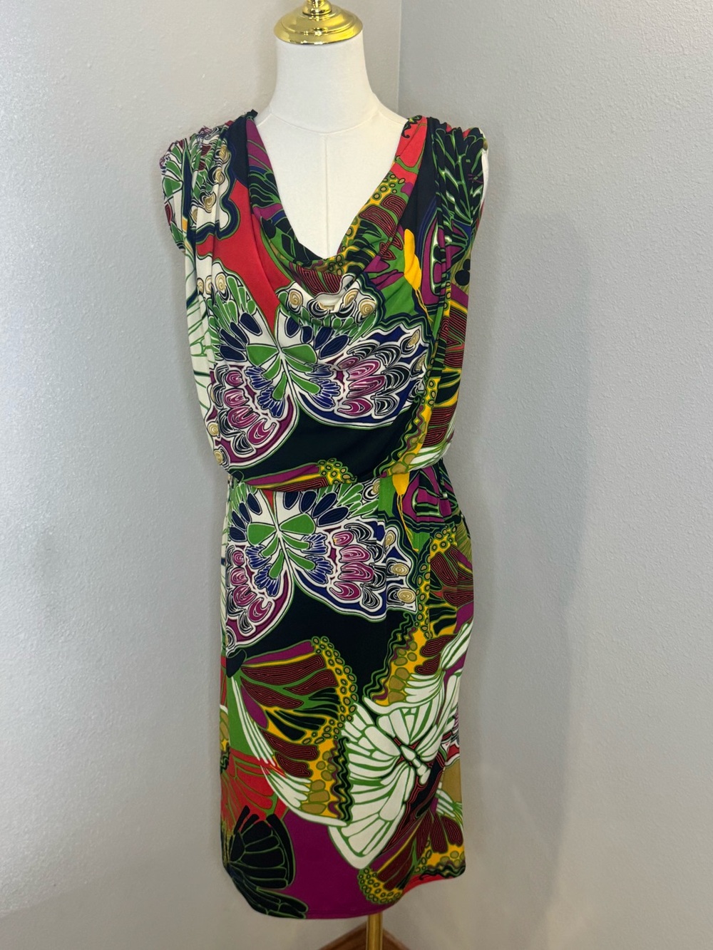 Alfani Butterfly Print Cowl Neck Draped Dress Size 14 Multicolor Open Back